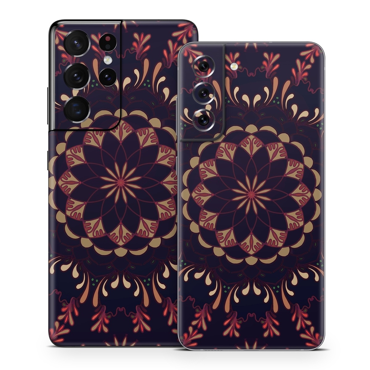 Samsung Galaxy S21 Series Skin design of Pattern, Brown, Red, Symmetry, Textile, Design, Visual arts, Tapestry, Kaleidoscope, with black, red, orange, yellow, brown colors