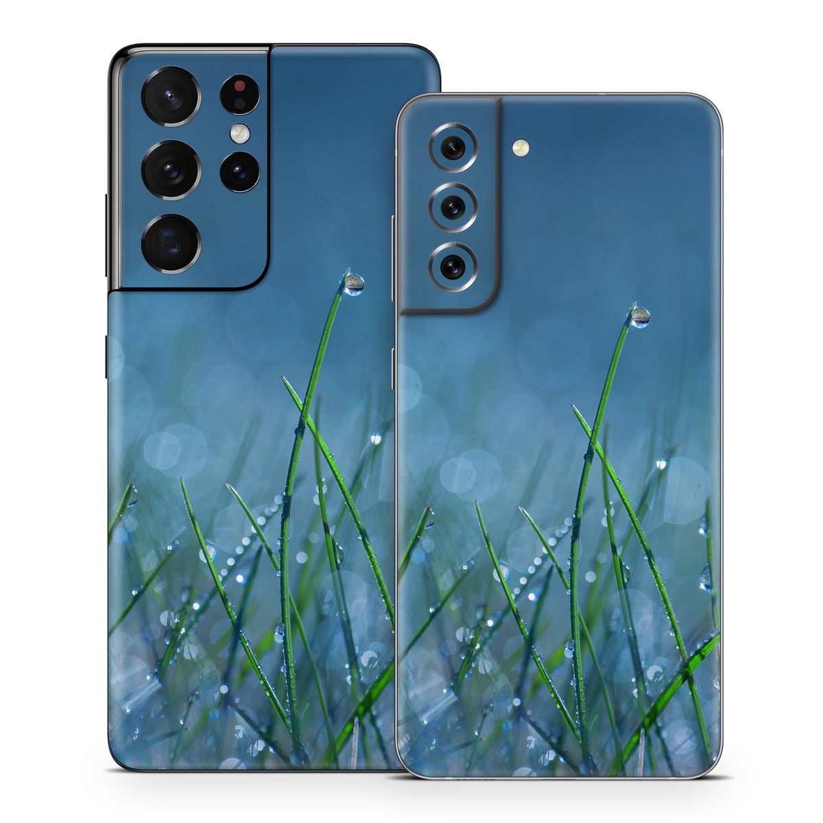 Samsung Galaxy S21 Series Skin design of Moisture, Dew, Water, Green, Grass, Plant, Drop, Grass family, Macro photography, Close-up, with blue, black, green, gray colors