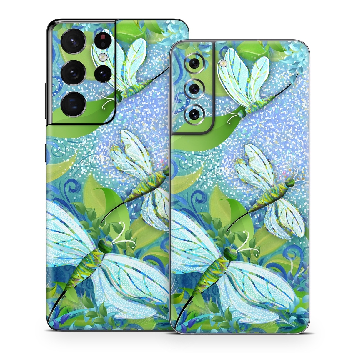 Samsung Galaxy S21 Series Skin design of Green, Blue, Leaf, Plant, Pattern, Tree, Design, Organism, Branch, Flower, with gray, blue, green, purple colors