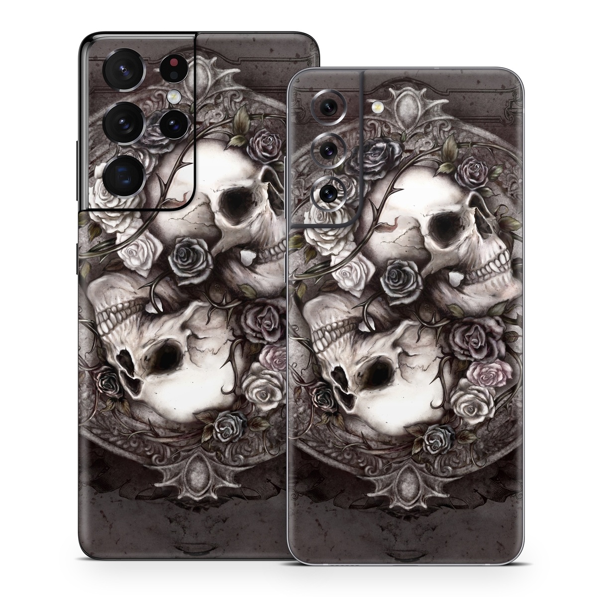 Samsung Galaxy S21 Series Skin design of Skull, Bone, Illustration, Font, Still life photography, Photography, Still life, Art, Monochrome, Circle, with black, white, brown, pink colors