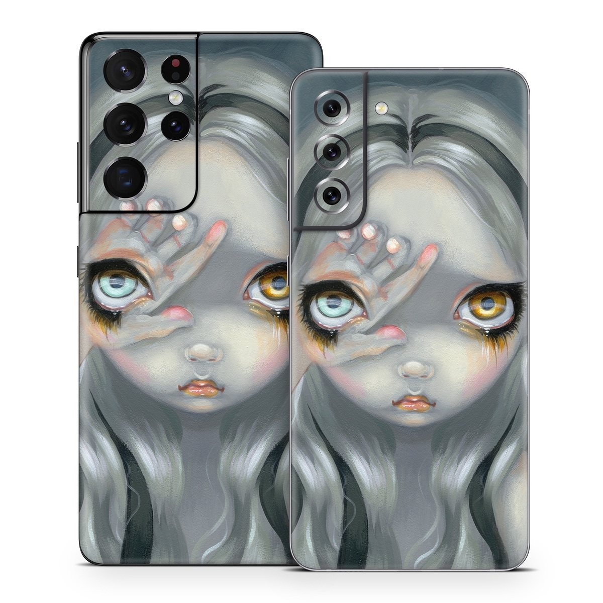 Samsung Galaxy S21 Series Skin design of Face, Head, Cg artwork, Eye, Illustration, Organ, Fictional character, Art, Iris, Darkness, with black, gray, blue, green colors