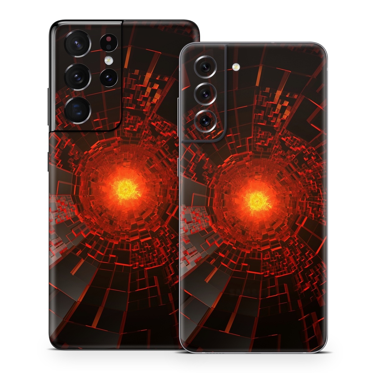 Samsung Galaxy S21 Series Skin design of Red, Fractal art, Light, Circle, Design, Art, Graphics, Symmetry, Pattern, Space, with black, red colors