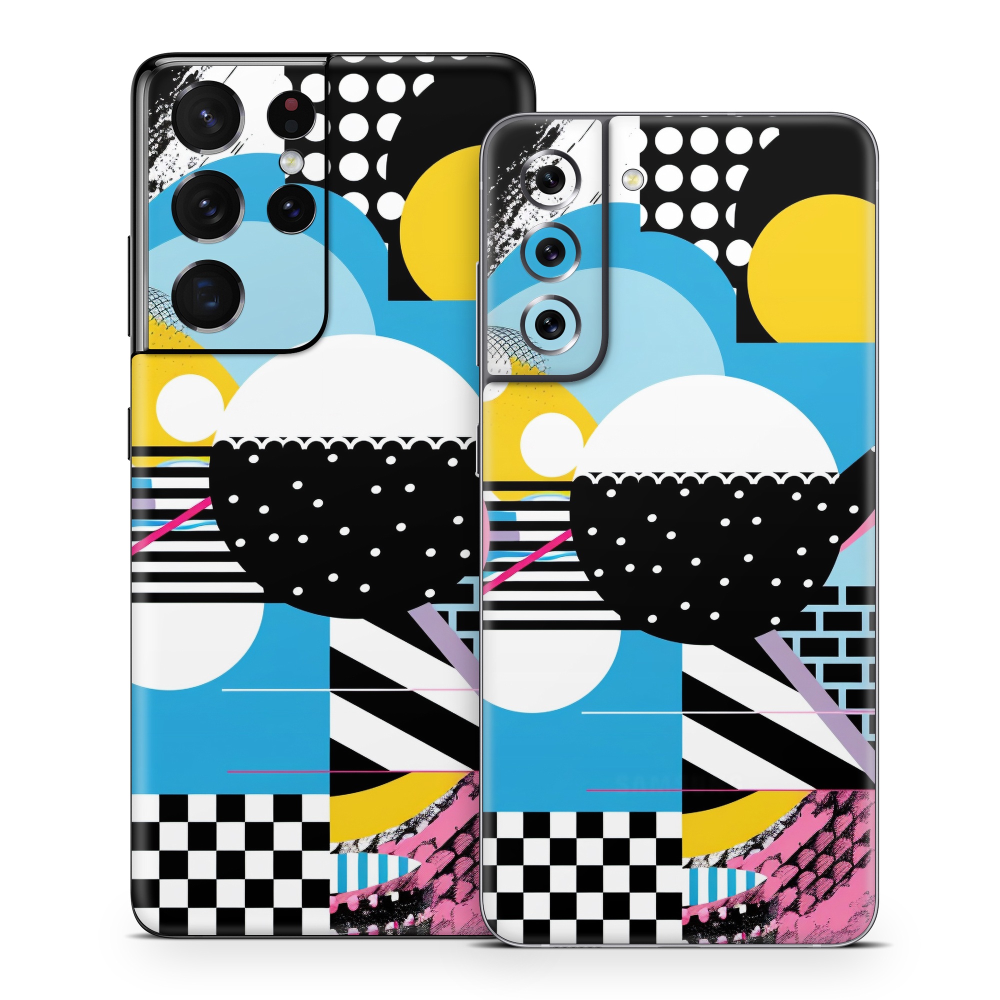 Samsung Galaxy S21 Series Skin design of White, Yellow, Art, Font, Pattern, Circle, Design, Creative arts, Graphics, Electric blue, with blue, pink, white, black, yellow colors
