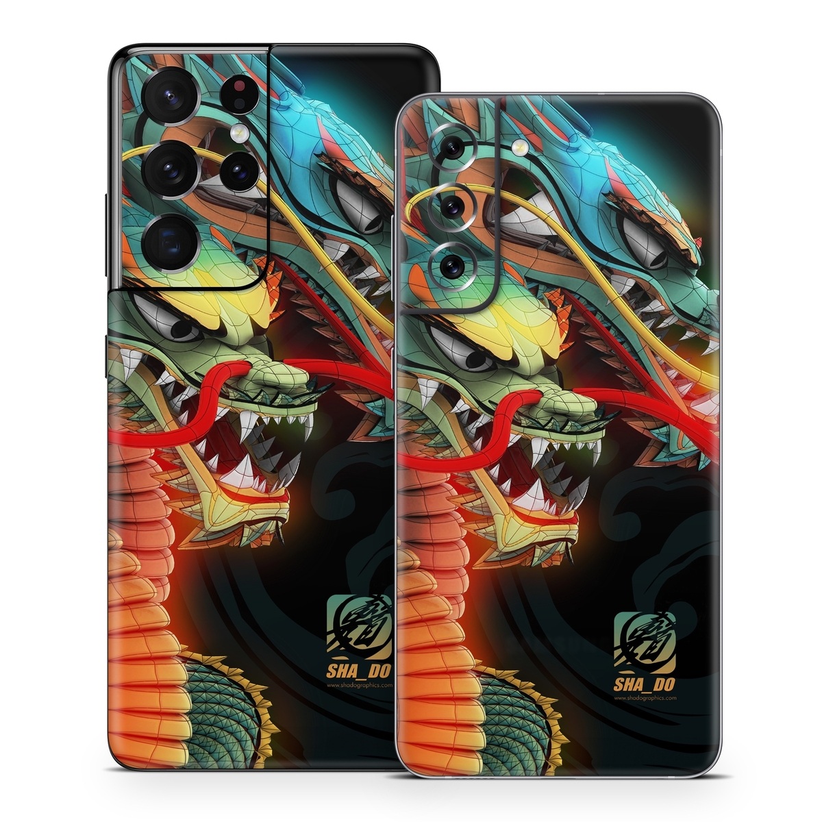 Samsung Galaxy S21 Series Skin design of Dragon, Fictional character, Illustration, Art, Cg artwork, Fiction, Mythical creature, Graphics, with black, green, red, yellow, orange colors