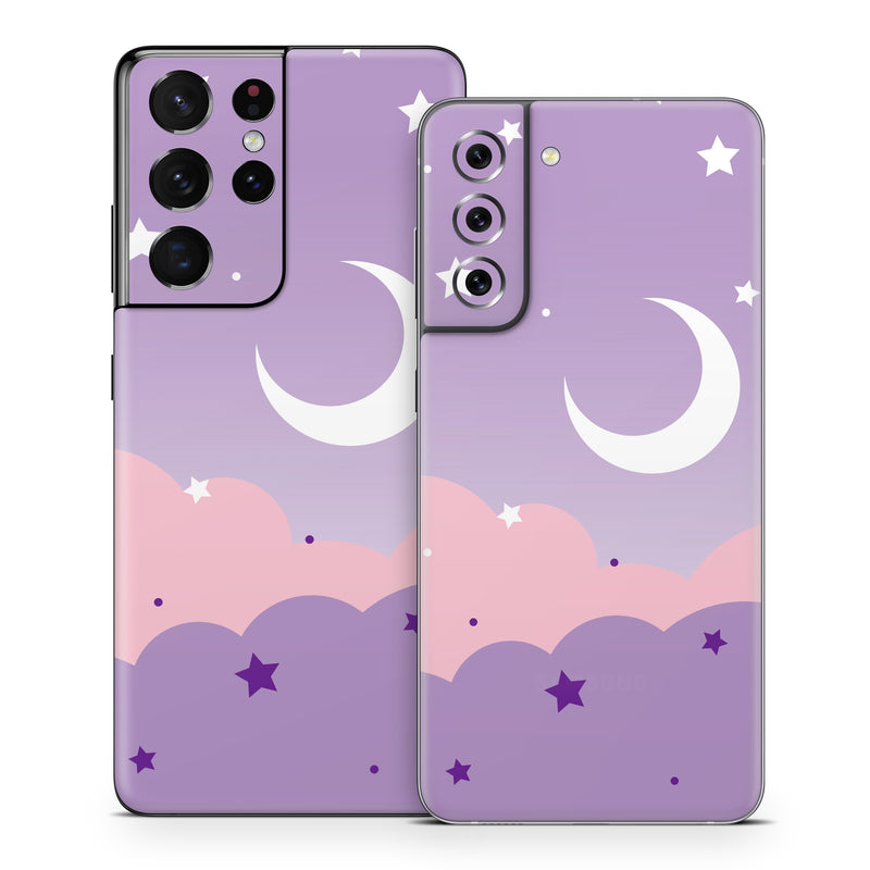 Samsung Galaxy S21 Series Skin design of Astronomical object, Pink, Star, Purple, Crescent, Moon, Graphics, Animation, Wallpaper, Graphic design, with purple, white colors