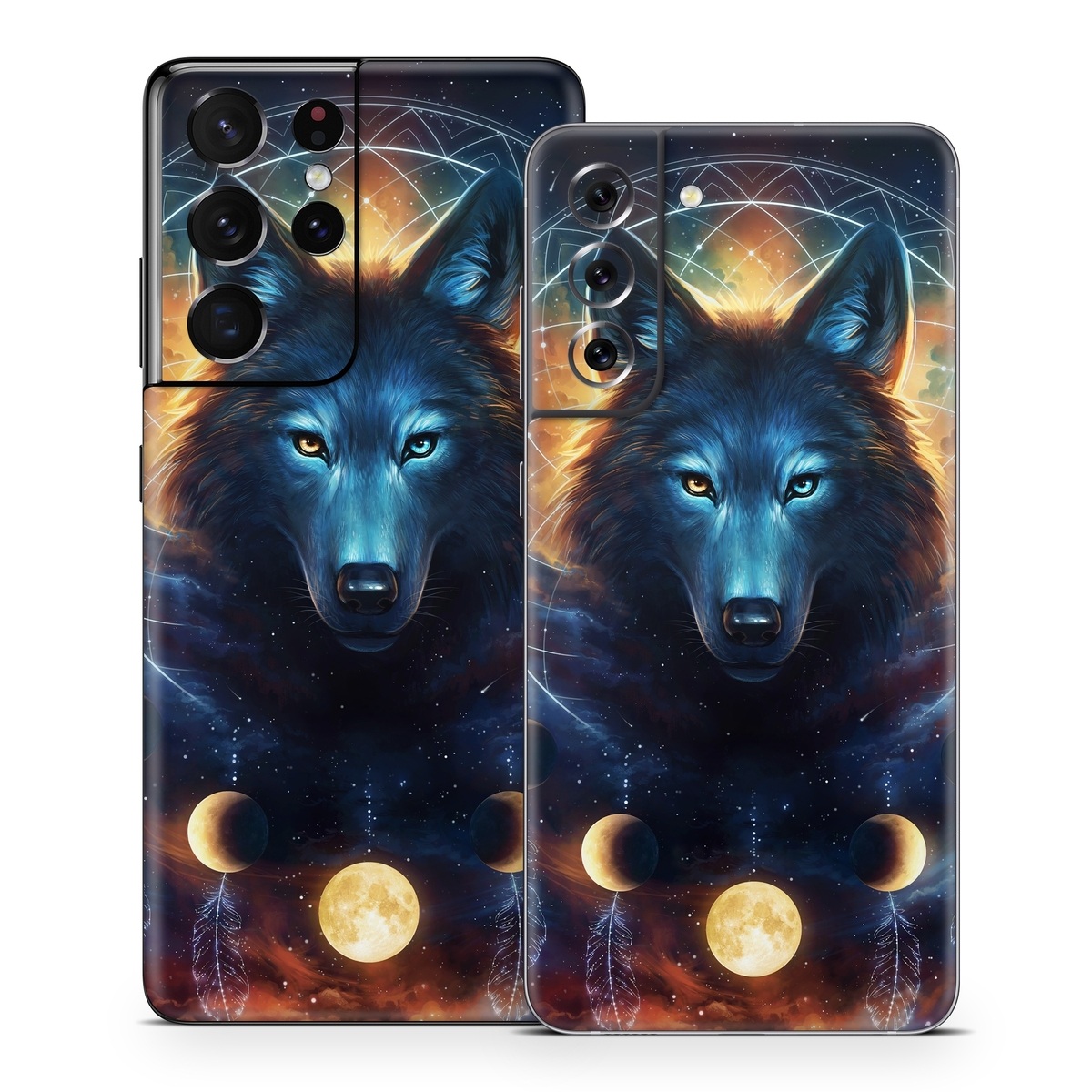 Samsung Galaxy S21 Series Skin design of Light, Nature, Carnivore, Organism, Dog breed, Art, Electric blue, Space, Midnight, Illustration, with black, blue, yellow, orange, green, red, white colors