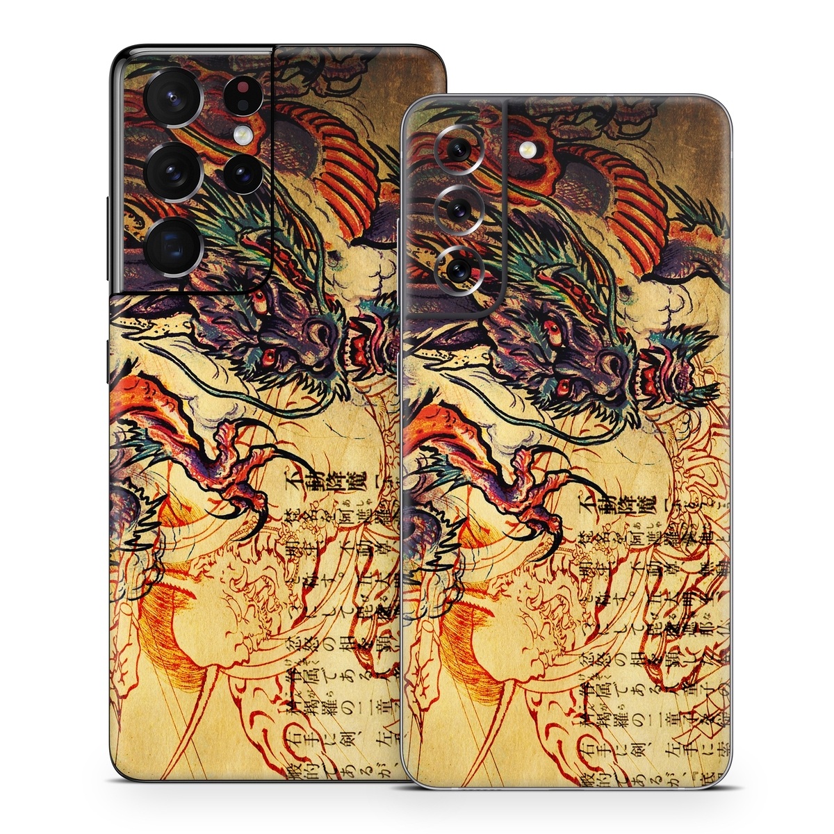 Samsung Galaxy S21 Series Skin design of Illustration, Fictional character, Art, Demon, Drawing, Visual arts, Dragon, Supernatural creature, Mythical creature, Mythology, with black, green, red, gray, pink, orange colors