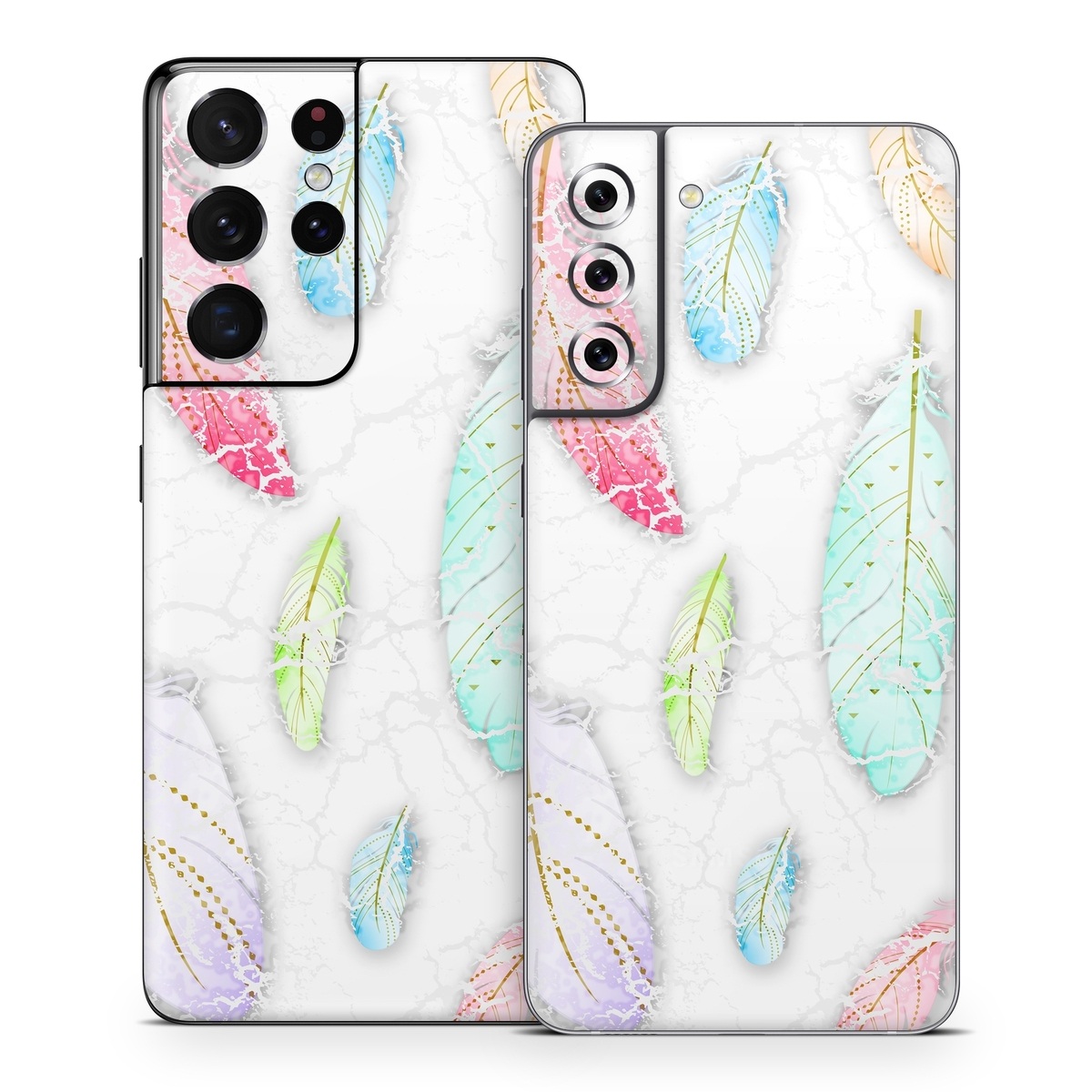 Samsung Galaxy S21 Series Skin design of Feather, Fashion accessory, Jewellery, with red, blue, green, purple, white, brown colors