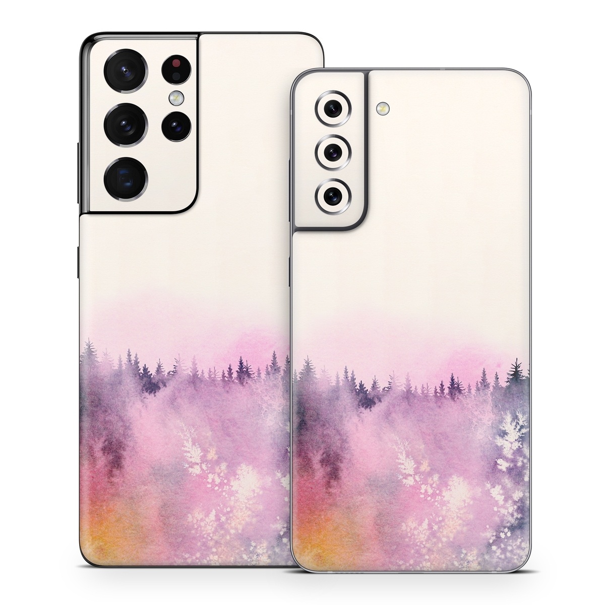 Samsung Galaxy S21 Series Skin design of Watercolor paint, Sky, Atmospheric phenomenon, Tree, Atmosphere, Cloud, Landscape, Forest, Painting, Illustration, with white, yellow, pink, purple, blue, black colors