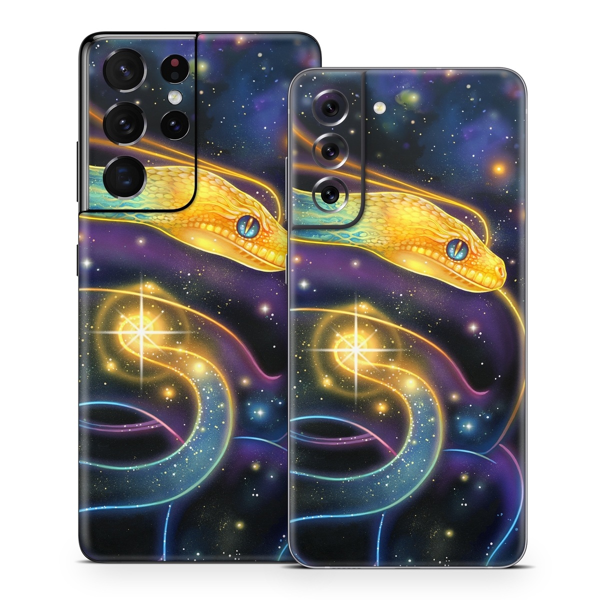 Samsung Galaxy S21 Series Skin design of Atmosphere, Light, Organism, Art, Font, Astronomical object, Galaxy, Star, Science, Nebula, with black, white, yellow, orange, green, purple colors