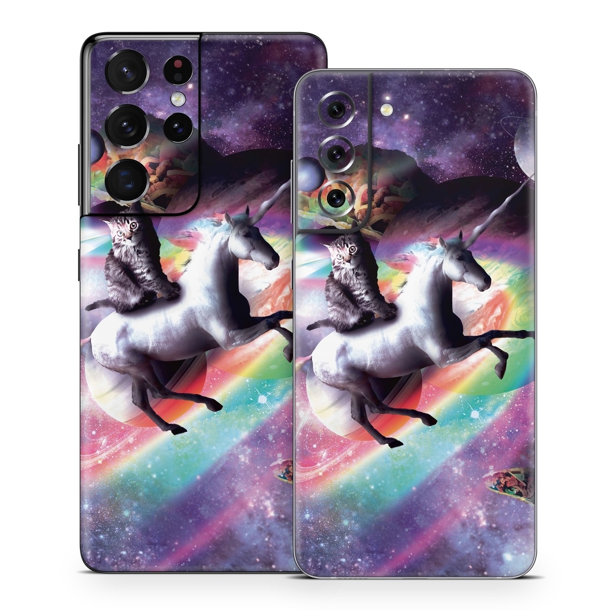 Samsung Galaxy S21 Series Skin design of Illustration, Graphic design, Fictional character, Space, Sky, Astronomical object, Universe, Outer space, Art, Unicorn, with black, white, gray, red, yellow, green, blue, orange colors