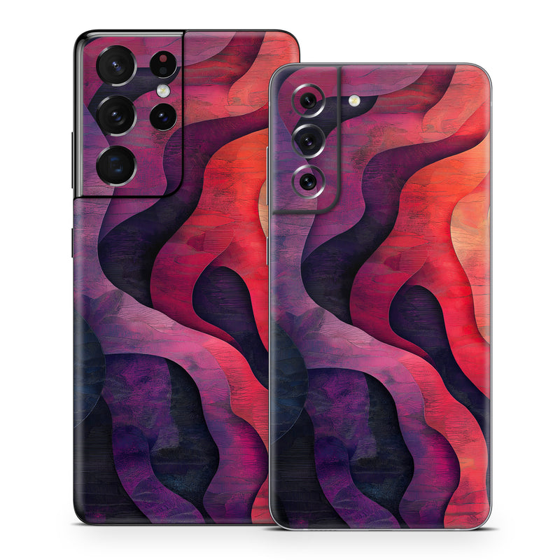 Samsung Galaxy S21 Series Skin design of Red, Orange, Art, Brown, Pink, Paint, Modern art, Graphics, Fractal art, Art Paint, with red, orange, yellow, purple, pink, black colors