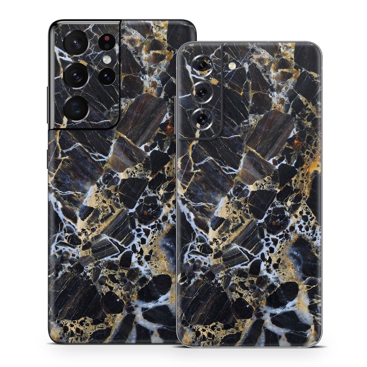 Samsung Galaxy S21 Series Skin design of Black, Yellow, Rock, Brown, Marble, Water, Close-up, Granite, Pattern, Geology, with black, white, orange, gray, yellow colors