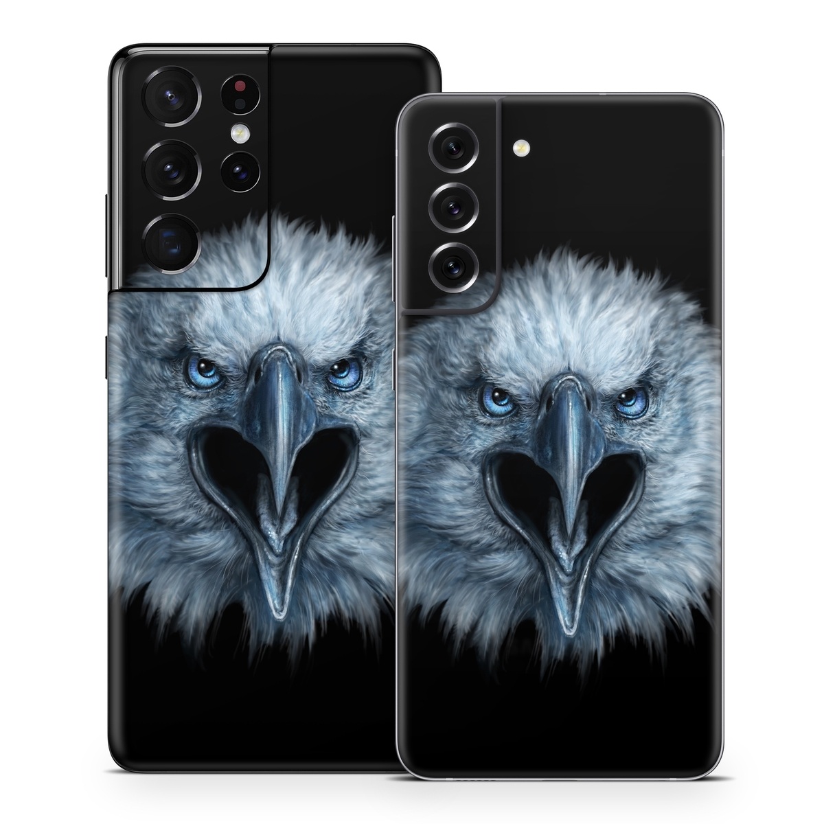 Samsung Galaxy S21 Series Skin design of Bird, Vertebrate, Bird of prey, Beak, Eagle, Wildlife, Organ, Close-up, Eye, Accipitriformes, with white, gray, black, blue colors