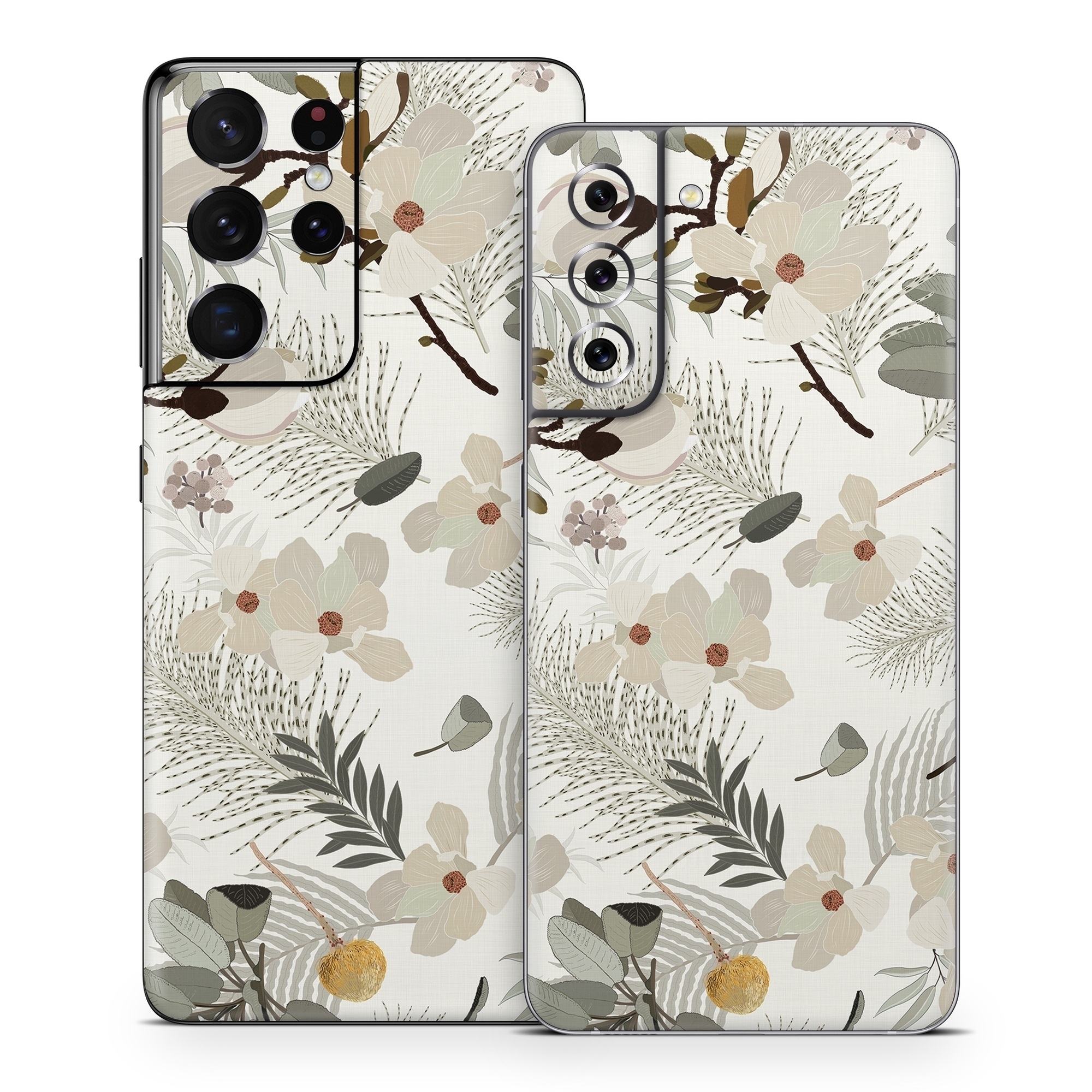 Samsung Galaxy S21 Series Skin design of Branch, Botany, Twig, Plant, Textile, Organism, Art, Creative arts, Pattern, Tints and shades, with white, green, yellow, brown, gray colors
