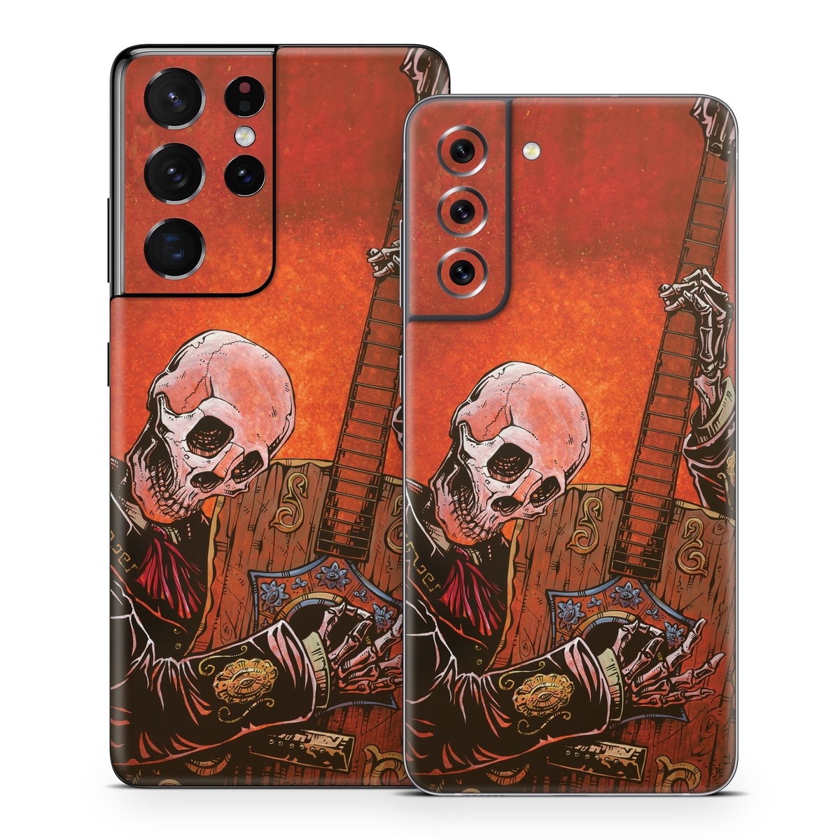 Samsung Galaxy S21 Series Skin design of Sleeve, Art, Painting, Personal protective equipment, Artist, Music, Font, Visual arts, Drawing, Skull, with white, black, gray, brown, orange, yellow, red colors
