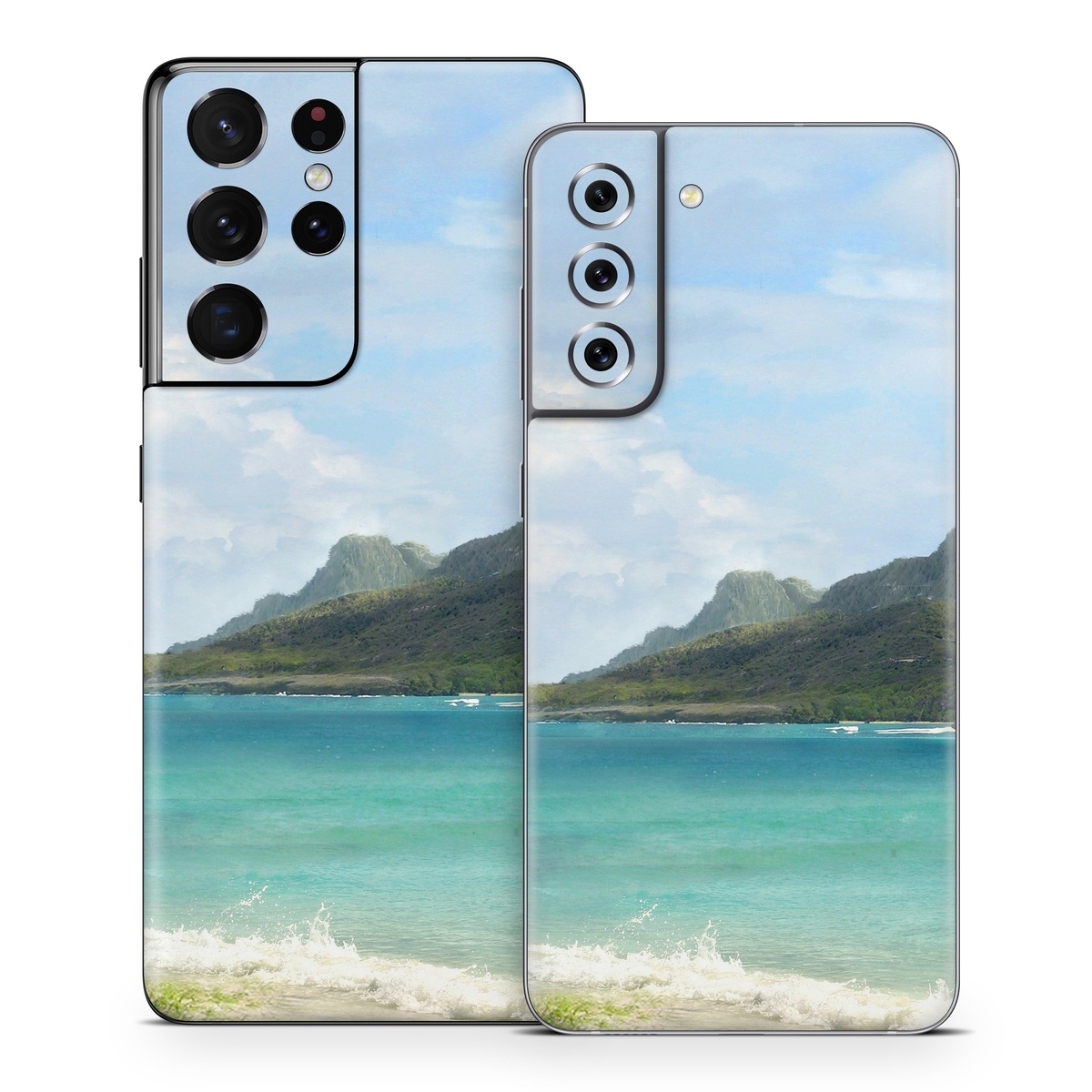 Samsung Galaxy S21 Series Skin design of Body of water, Tropics, Nature, Natural landscape, Shore, Coast, Caribbean, Sea, Tree, Beach, with gray, black, blue, green colors