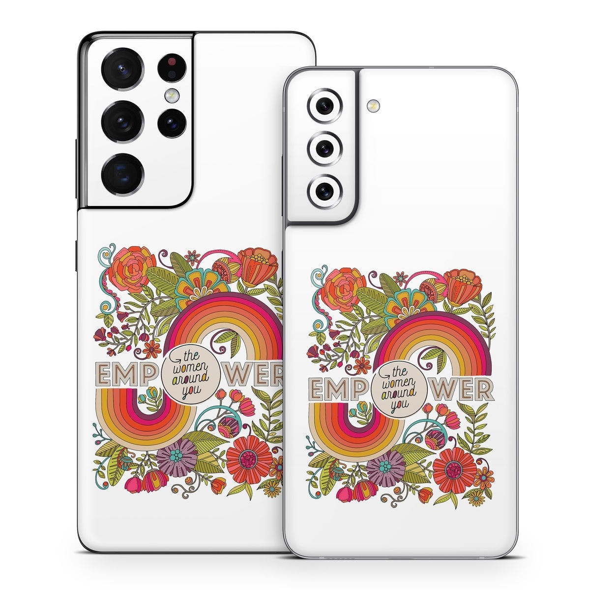 Samsung Galaxy S21 Series Skin design of Botany, Flower, Font, Creative arts, Petal, Circle, Pattern, Art, Visual arts, Floral design, with white, red, yellow, orange, green, blue colors