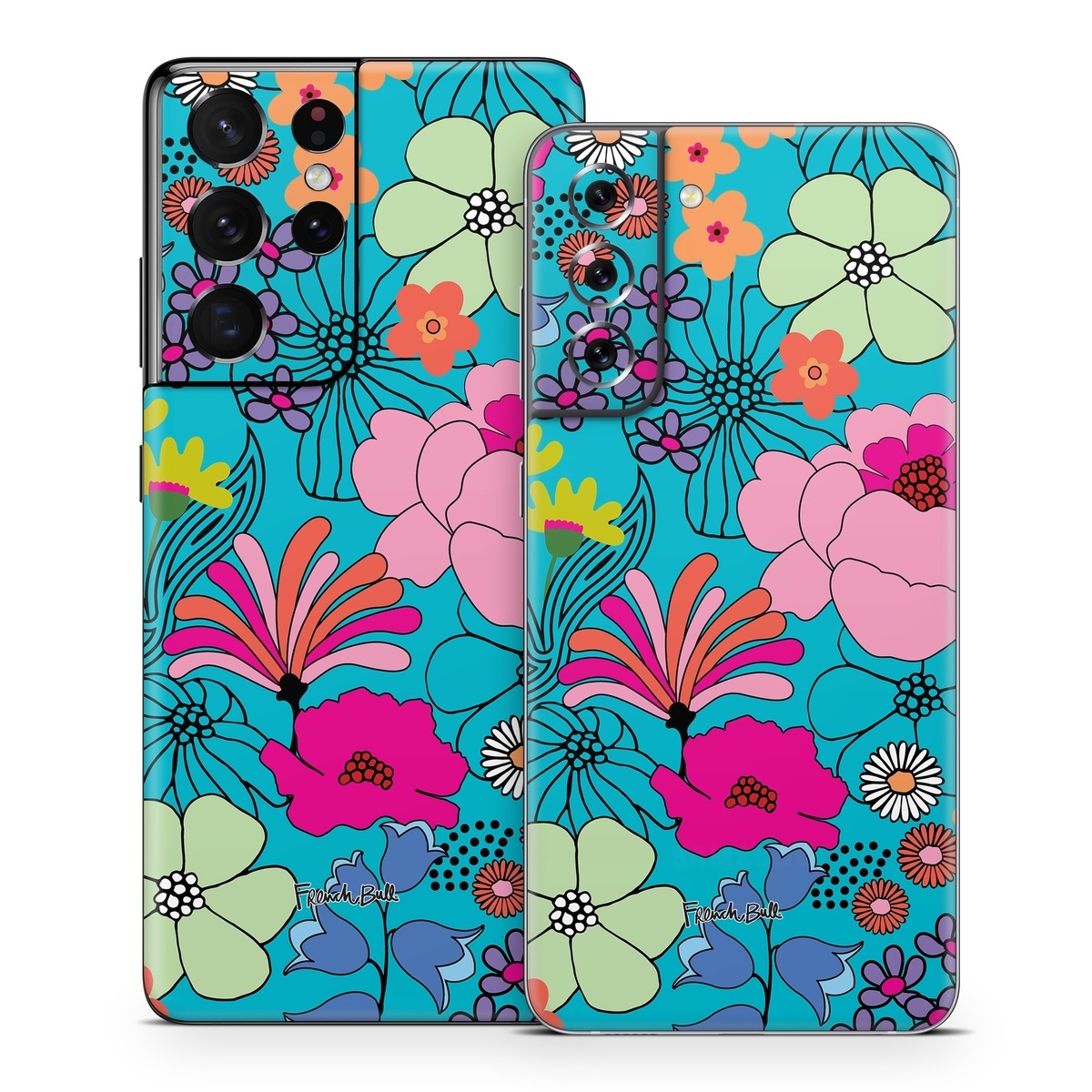 Samsung Galaxy S21 Series Skin design of Flower, Green, Azure, Nature, Botany, Petal, Blue, Textile, Pink, Art, with blue, pink, yellow, orange, red, purple, green colors
