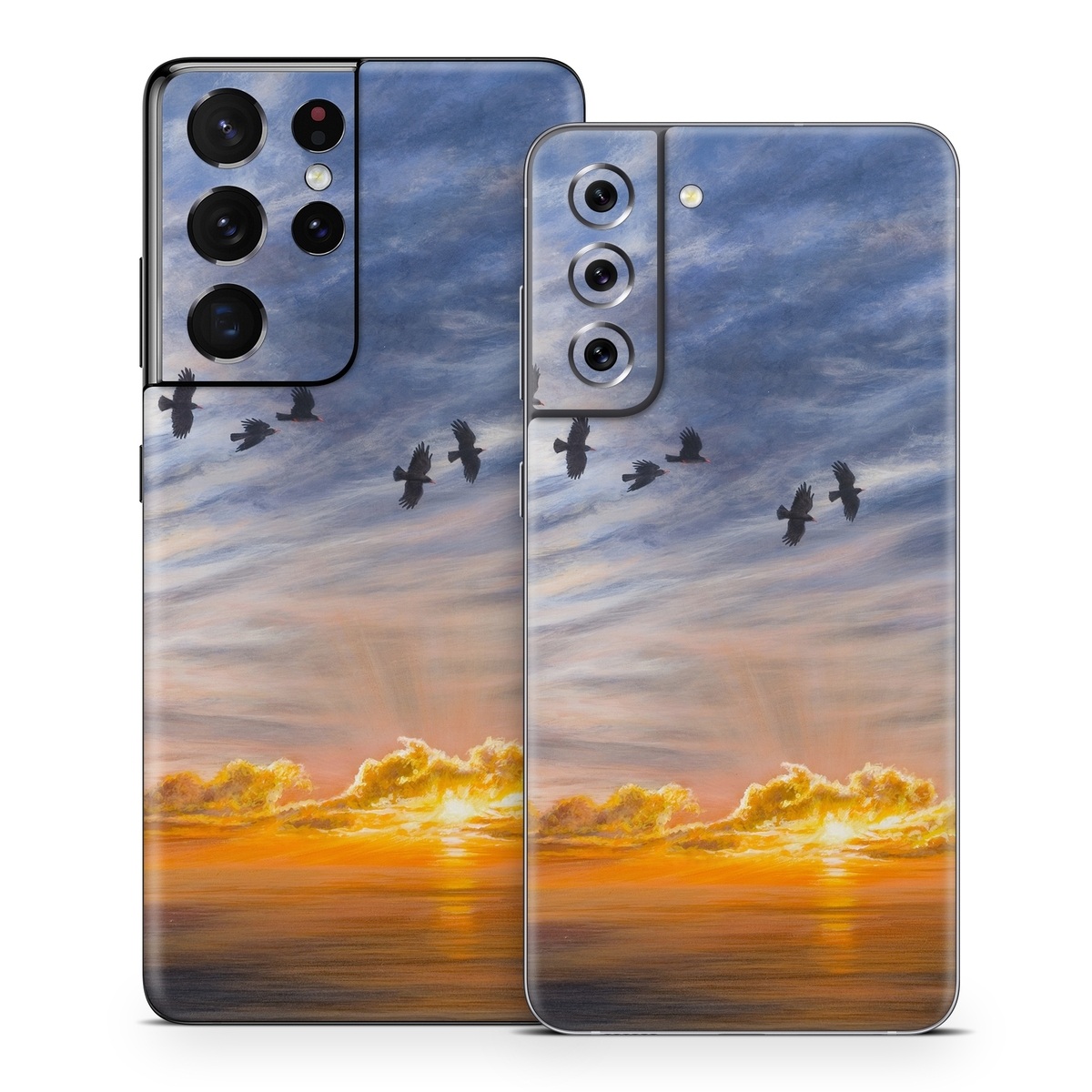 Samsung Galaxy S21 Series Skin design of Sky, Cloud, Nature, Blue, Daytime, Atmosphere, Sunset, Afterglow, Evening, Horizon, with black, blue, yellow, orange, white colors