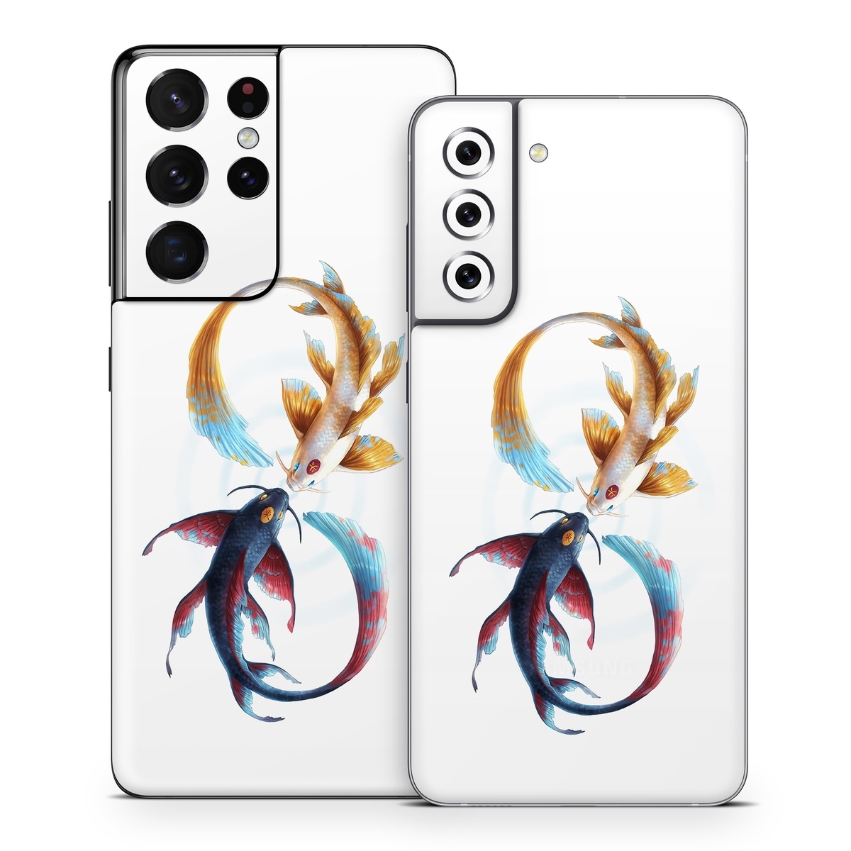 Samsung Galaxy S21 Series Skin design of Marine invertebrates, Art, Wing, Feather, Tree, Beak, Electric blue, Fish, Natural material, Painting, with white, black, yellow, orange, red, blue colors