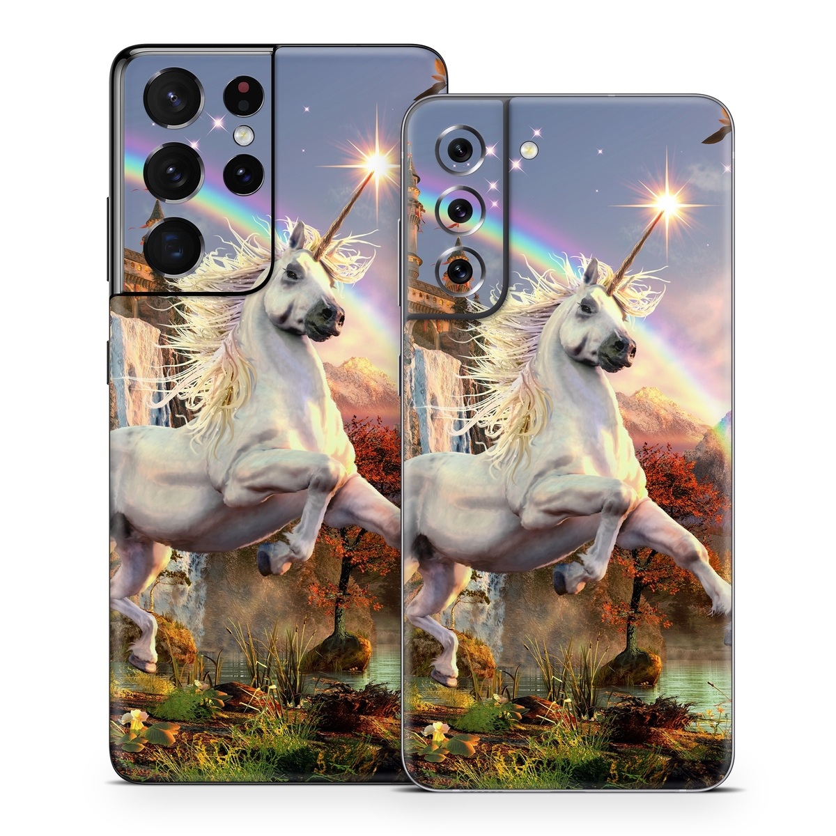 Samsung Galaxy S21 Series Skin design of Nature, Unicorn, Fictional character, Sky, Mythical creature, Mythology, Cg artwork, Horse, Mane, Wildlife, with black, gray, red, green, blue colors