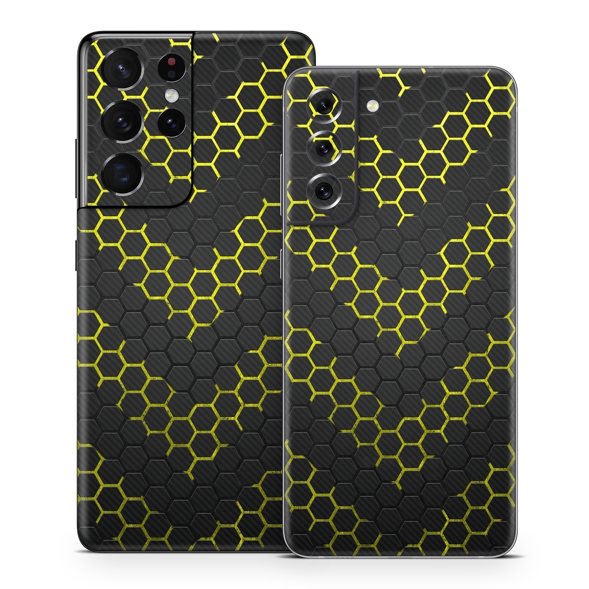 Samsung Galaxy S21 Series Skin design of Black, Pattern, Yellow, Mesh, Net, Chain-link fencing, Design, Metal, with black, gray, yellow colors