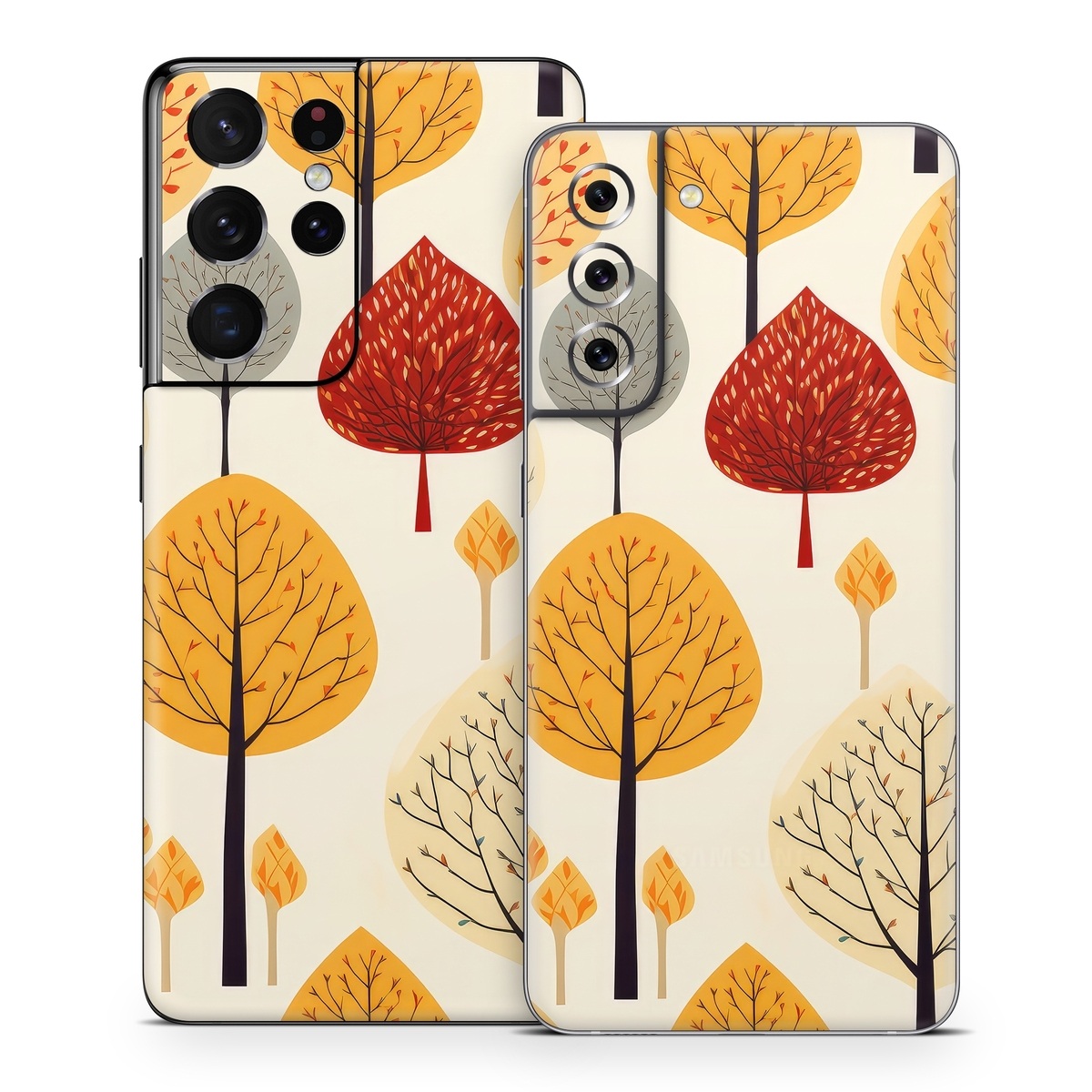 Samsung Galaxy S21 Series Skin design of Plant, Leaf, Botany, Nature, Organism, Yellow, Tree, Woody plant, Terrestrial plant, Adaptation, with yellow, orange, red, black, brown colors