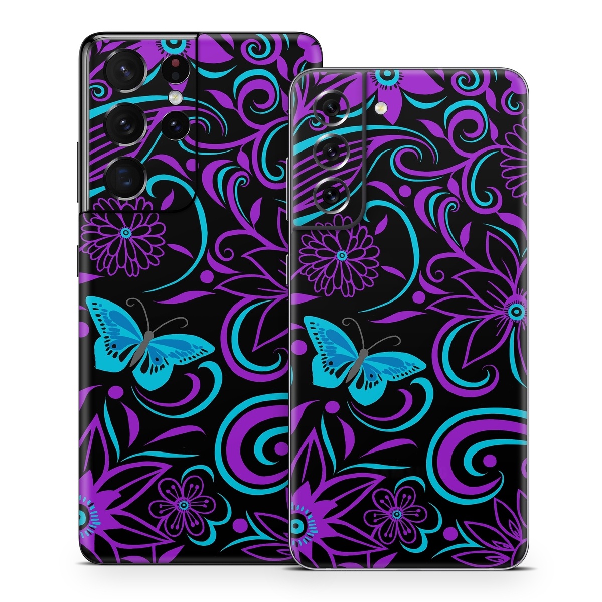 Samsung Galaxy S21 Series Skin design of Pattern, Purple, Violet, Turquoise, Teal, Design, Floral design, Visual arts, Magenta, Motif, with black, purple, blue colors