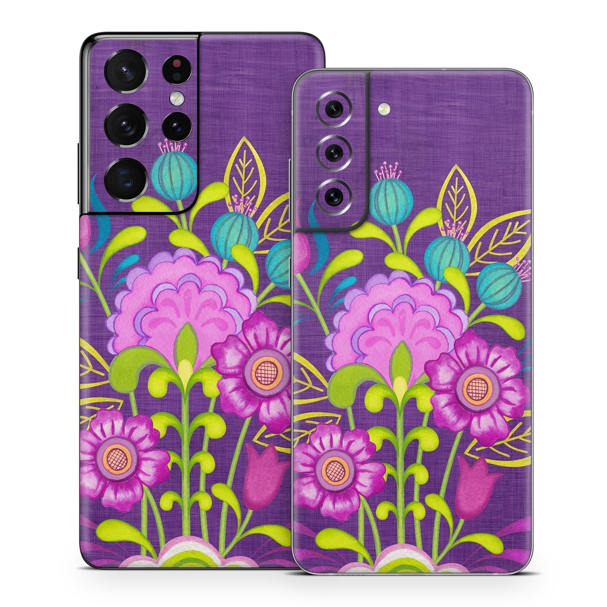Samsung Galaxy S21 Series Skin design of Flower, Pattern, Plant, Violet, Botany, Visual arts, Design, Floral design, Art, Magenta, with blue, purple, green, gray, red colors