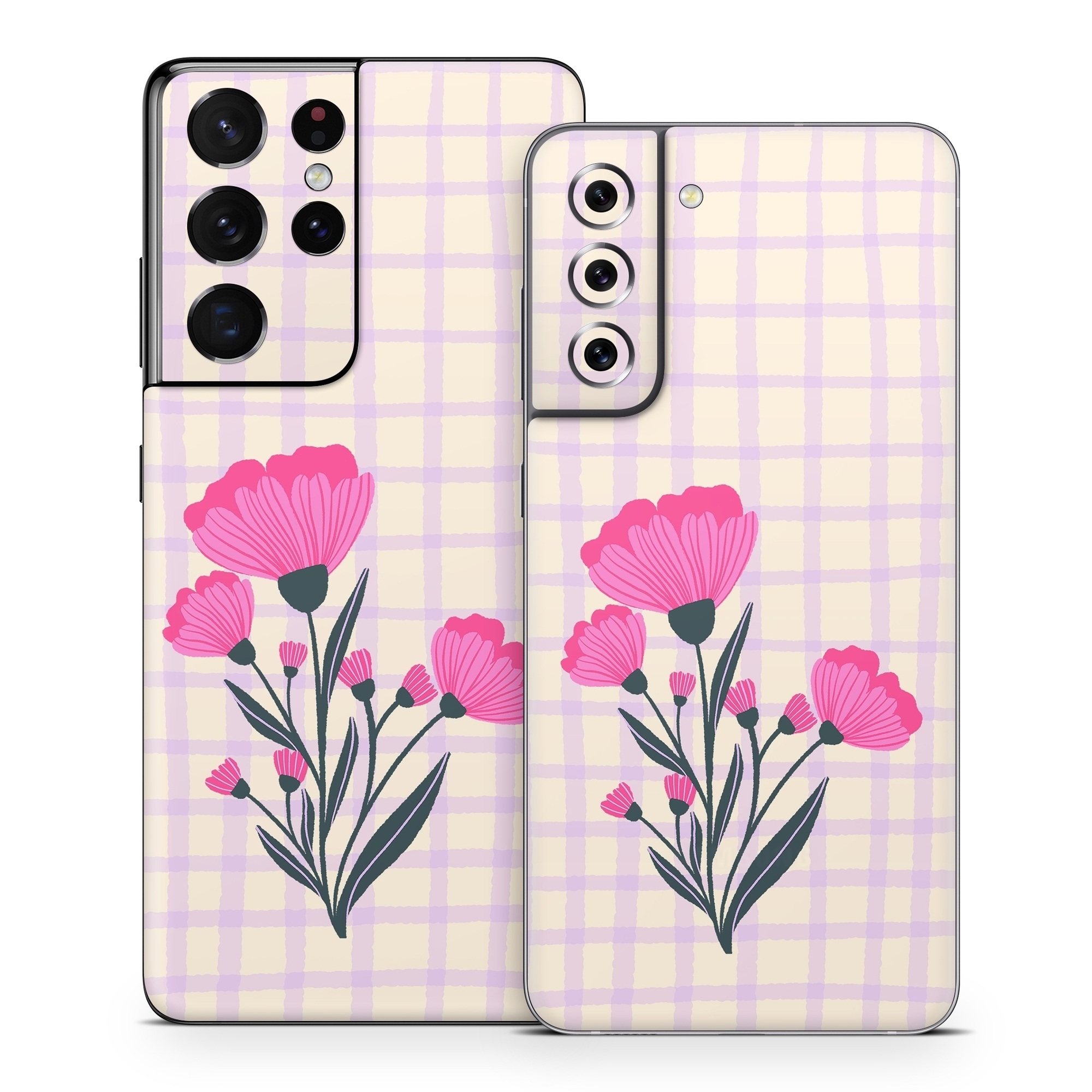 Samsung Galaxy S21 Series Skin design of Flower, Plant, Petal, Product, Dishware, Textile, Creative arts, Pink, Art, Magenta, with white, green, pink, purple colors
