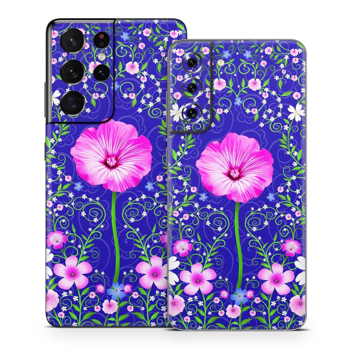Samsung Galaxy S21 Series Skin design of Purple, Violet, Flower, Plant, Wildflower, Pattern, Petal, Design, Graphics, Morning glory, with blue, purple, pink, green, white, yellow colors
