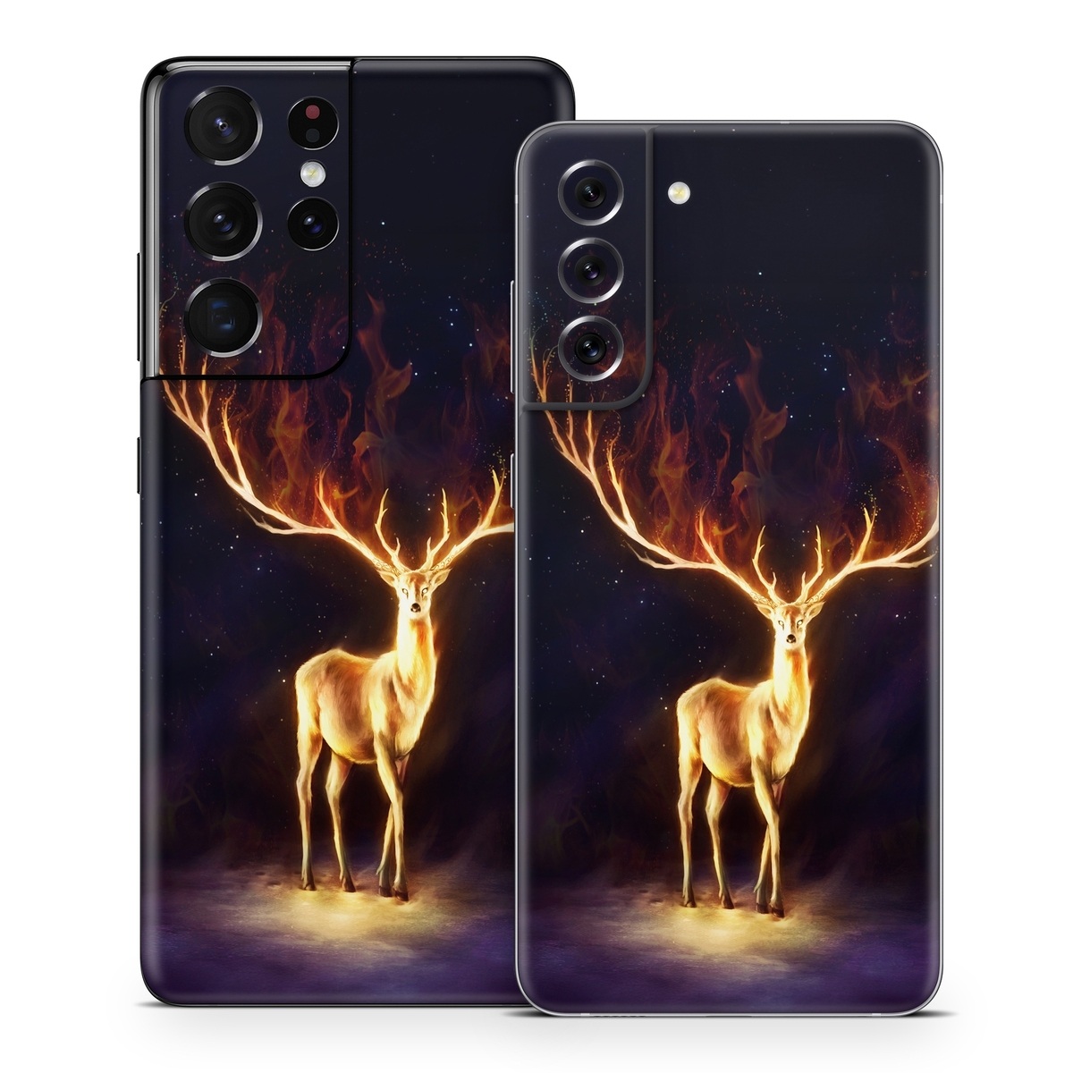 Samsung Galaxy S21 Series Skin design of Plant, Tree, Organism, Entertainment, Fawn, Art, Heat, Performing arts, Landscape, Sky, with black, yellow, red, orange, purple colors