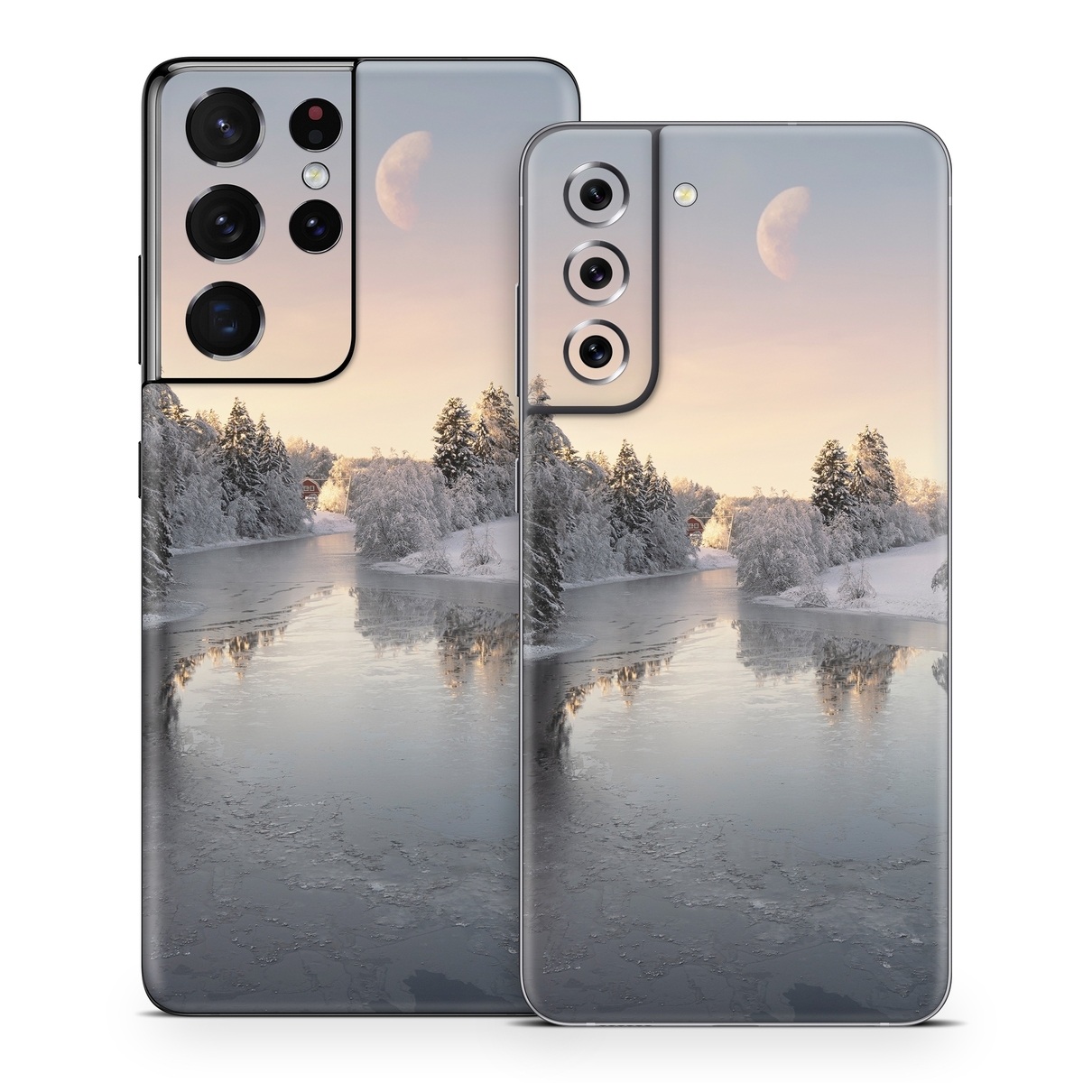 Samsung Galaxy S21 Series Skin design of Water, Cloud, Sky, Atmosphere, Water resources, Tree, Natural landscape, Moon, Snow, Dusk, with blue, black, yellow, orange, white colors
