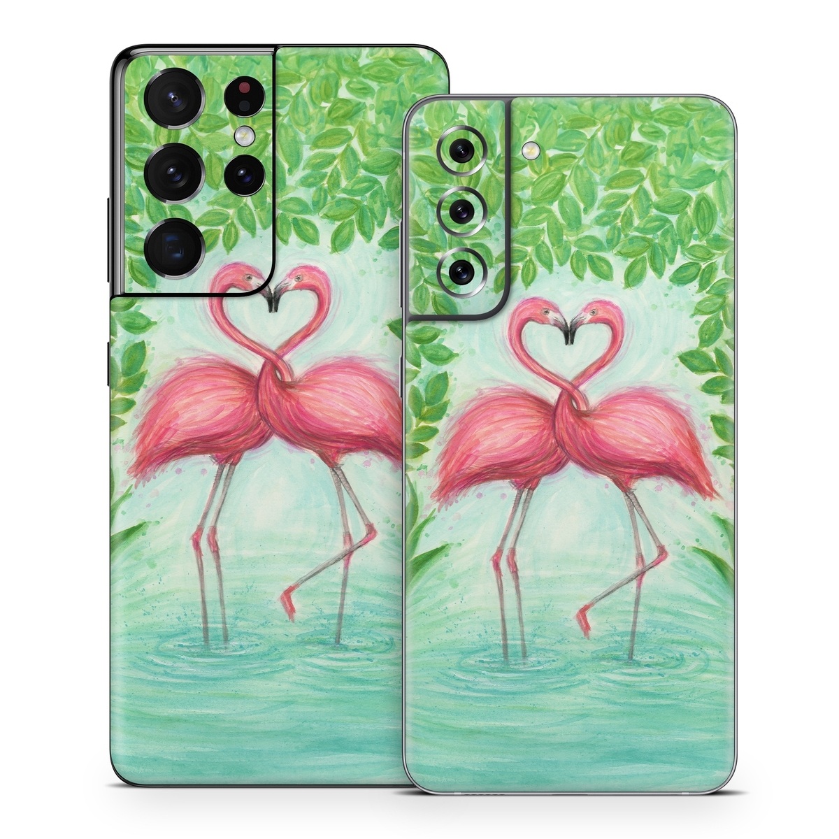 Samsung Galaxy S21 Series Skin design of Flamingo, Greater flamingo, Bird, Water bird, Pink, Illustration, Watercolor paint, Organism, Drawing, Stork, with pink, blue, green colors