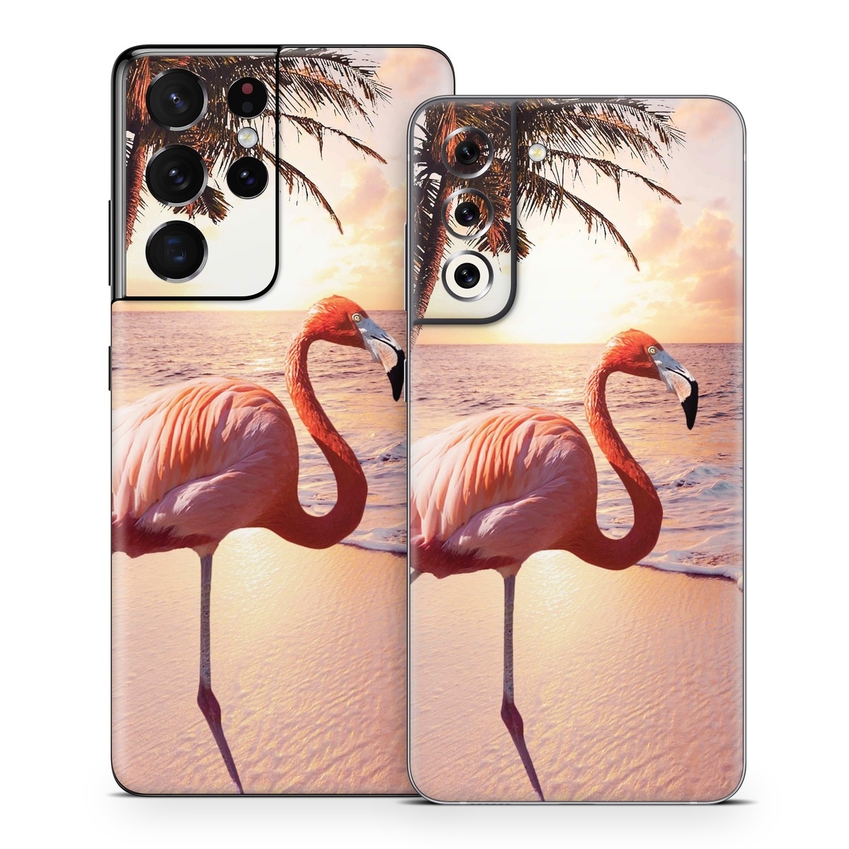 Samsung Galaxy S21 Series Skin design of Flamingo, Greater flamingo, Bird, Water bird, Pink, Wildlife, Sky, Tree, Organism, Beak, with pink, blue, green, yellow, white, orange, black colors