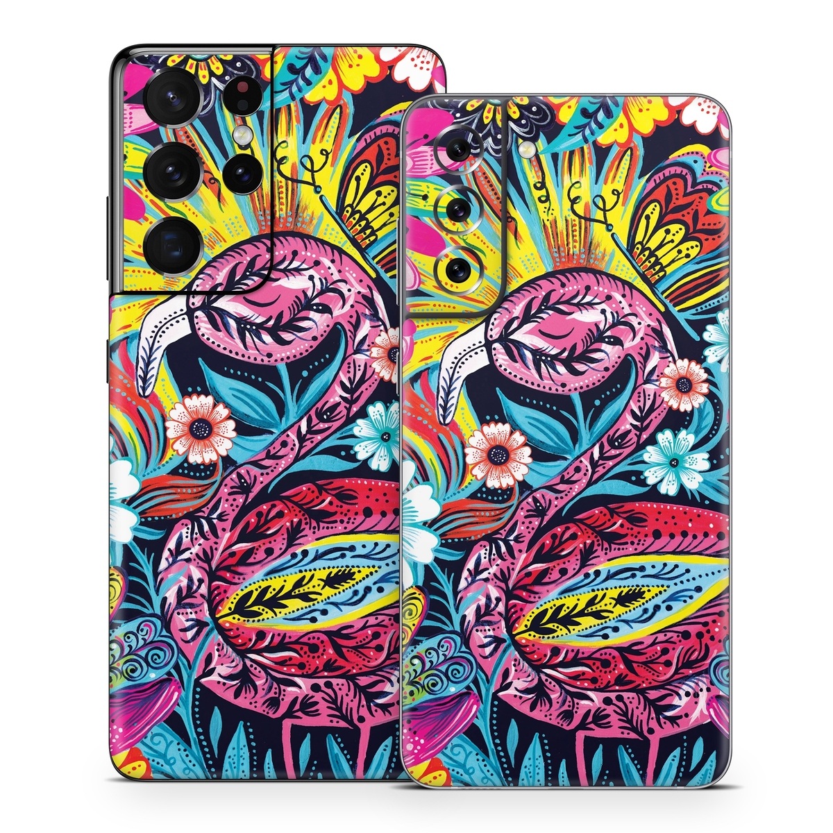 Samsung Galaxy S21 Series Skin design of Psychedelic art, Pattern, Visual arts, Art, Design, Textile, Illustration, Plant, Graphic design, Drawing, with pink, yellow, black, blue, white colors