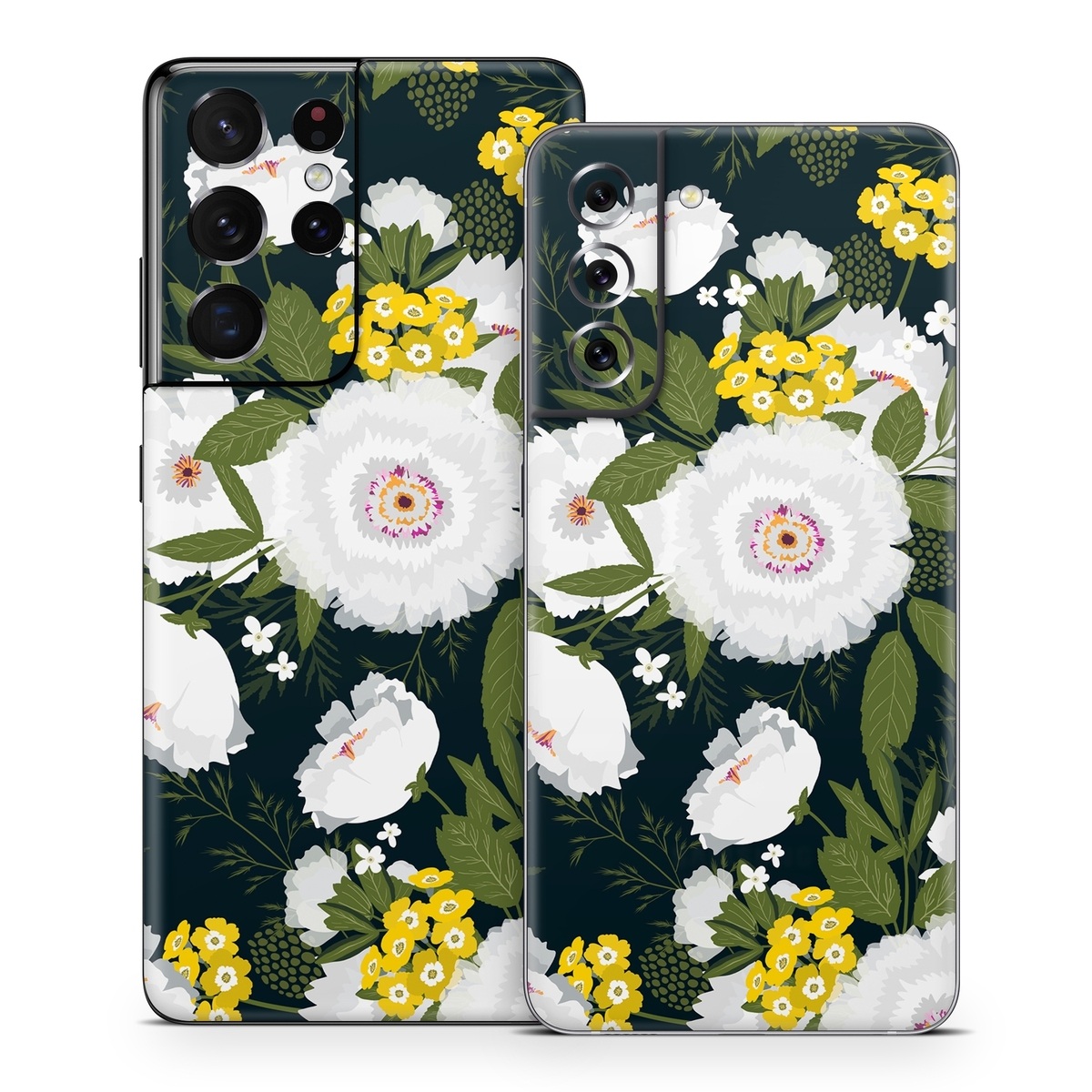 Samsung Galaxy S21 Series Skin design of Flower, Flowering plant, Plant, Petal, Daisy, mayweed, Wildflower, Floral design, Annual plant, with green, yellow, white, orange colors