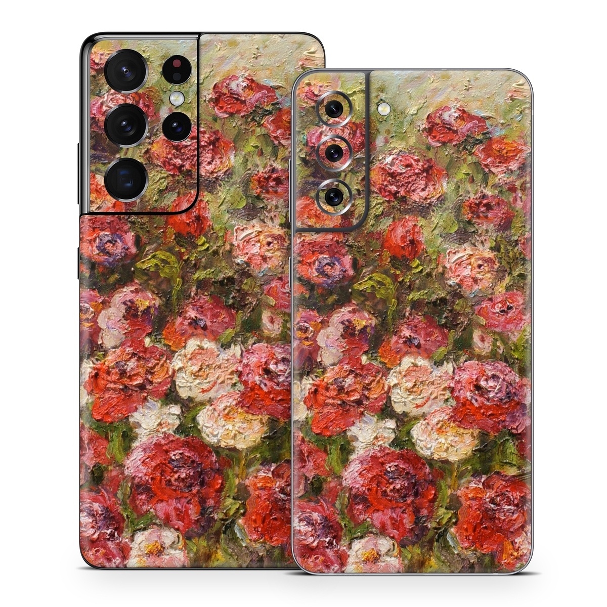 Samsung Galaxy S21 Series Skin design of Flower, Garden roses, Rose, Plant, Floribunda, Flowering plant, Rosa × centifolia, Rose family, Botany, Petal, with red, black, green, gray colors