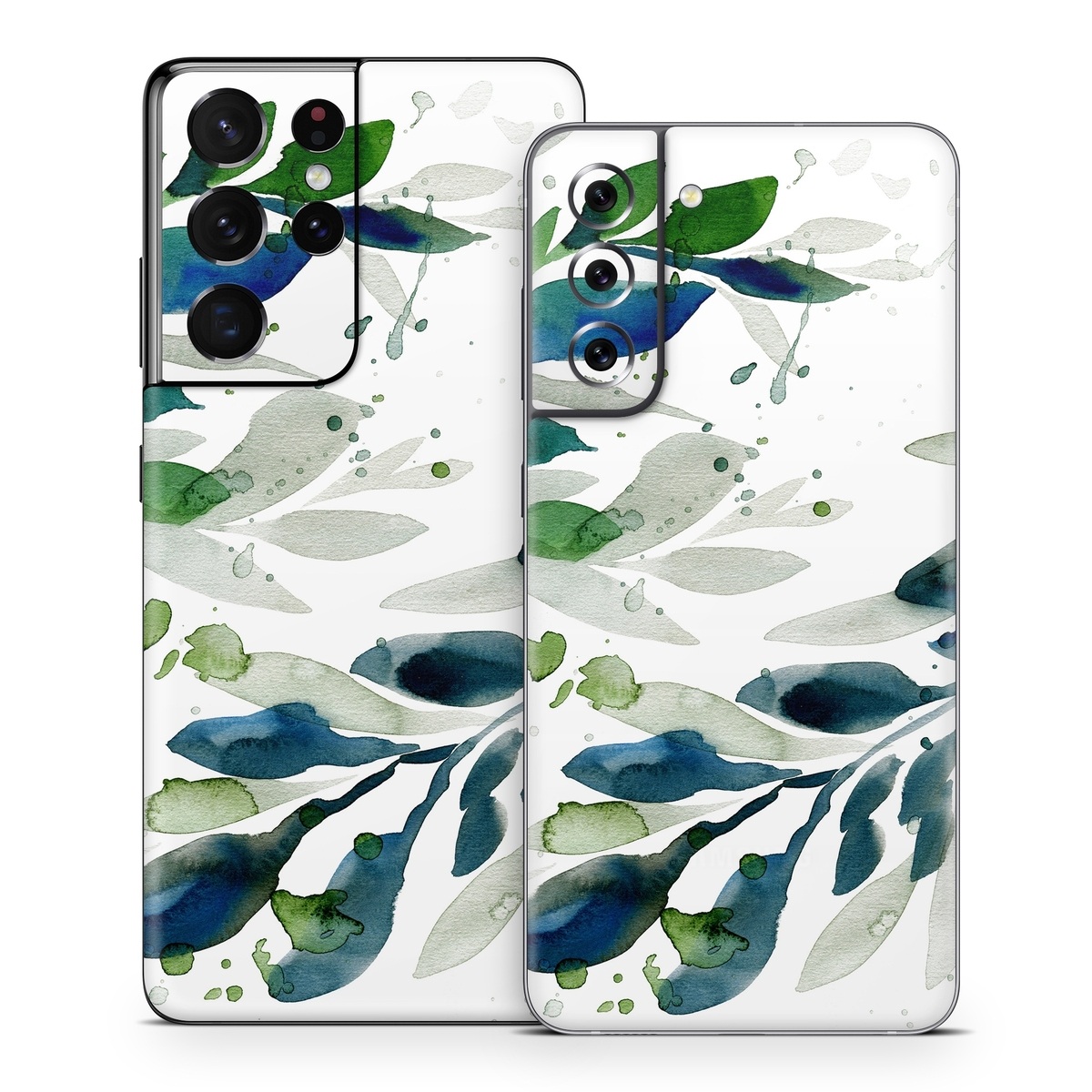 Samsung Galaxy S21 Series Skin design of Leaf, Branch, Plant, Tree, Botany, Flower, Design, Eucalyptus, Pattern, Watercolor paint, with white, blue, green, gray colors