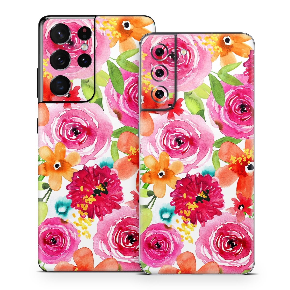 Samsung Galaxy S21 Series Skin design of Flower, Cut flowers, Floral design, Plant, Pink, Bouquet, Petal, Flower Arranging, Artificial flower, Clip art, with pink, red, green, orange, yellow, blue, white colors