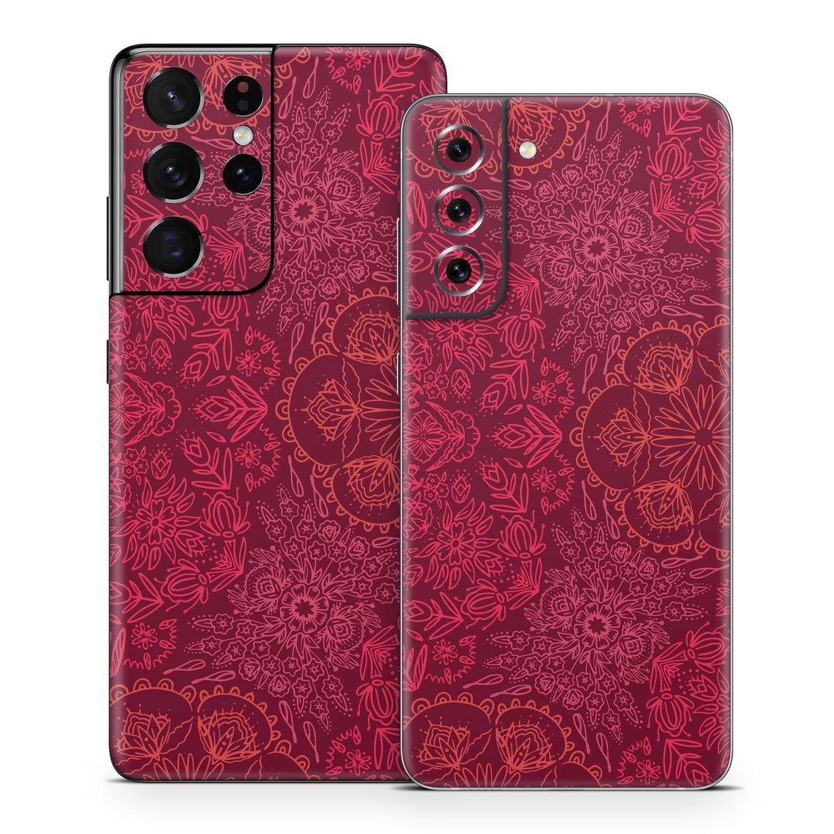 Samsung Galaxy S21 Series Skin design of Red, Pattern, Pink, Magenta, Purple, Maroon, Violet, Textile, Design, Wallpaper, with red, black colors