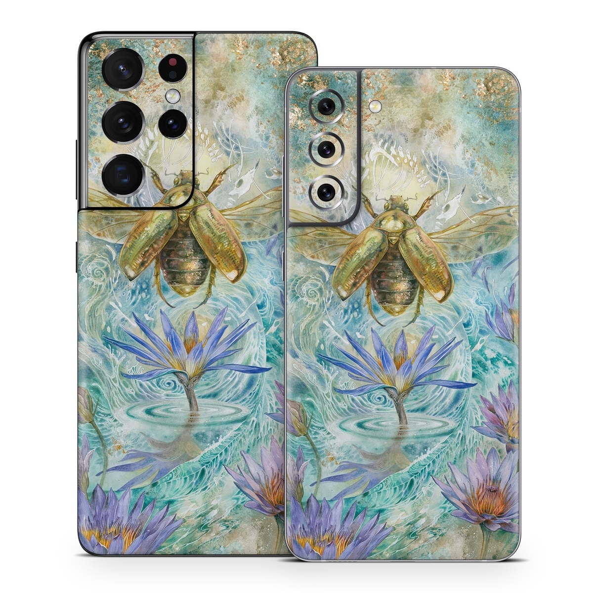 Samsung Galaxy S21 Series Skin design of Painting, Fictional character, Art, Flower, Watercolor paint, Plant, Wildflower, Angel, Honeybee, Mythology, with blue, yellow, brown, purple, red, white colors