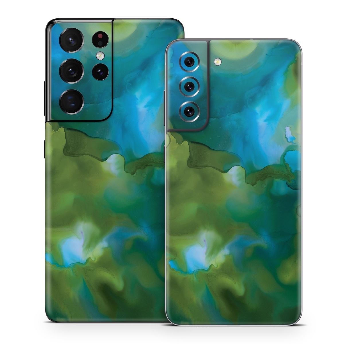 Samsung Galaxy S21 Series Skin design of Aqua, Blue, Green, Painting, Turquoise, Teal, Water, Acrylic paint, Art, Organism, with blue, green colors