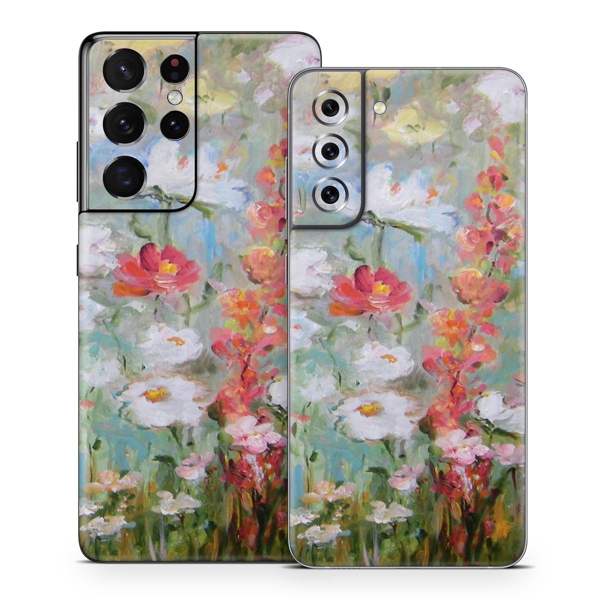 Samsung Galaxy S21 Series Skin design of Flower, Painting, Watercolor paint, Plant, Modern art, Wildflower, Botany, Meadow, Acrylic paint, Flowering plant, with gray, black, green, red, blue colors