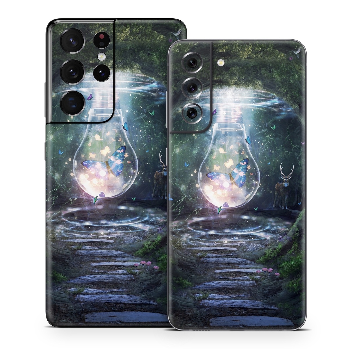 Samsung Galaxy S21 Series Skin design of Nature, Green, Darkness, Natural environment, Light, Infrastructure, Tunnel, Tree, Forest, Art, with white, black, brown, green, blue, yellow colors