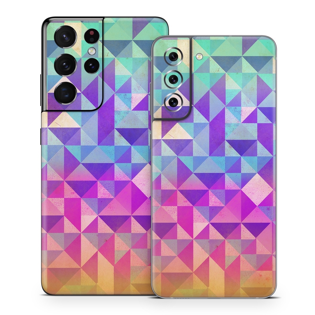 Samsung Galaxy S21 Series Skin design of Pattern, Purple, Triangle, Violet, Magenta, Line, Design, Symmetry, Psychedelic art, with gray, purple, green, blue, pink colors
