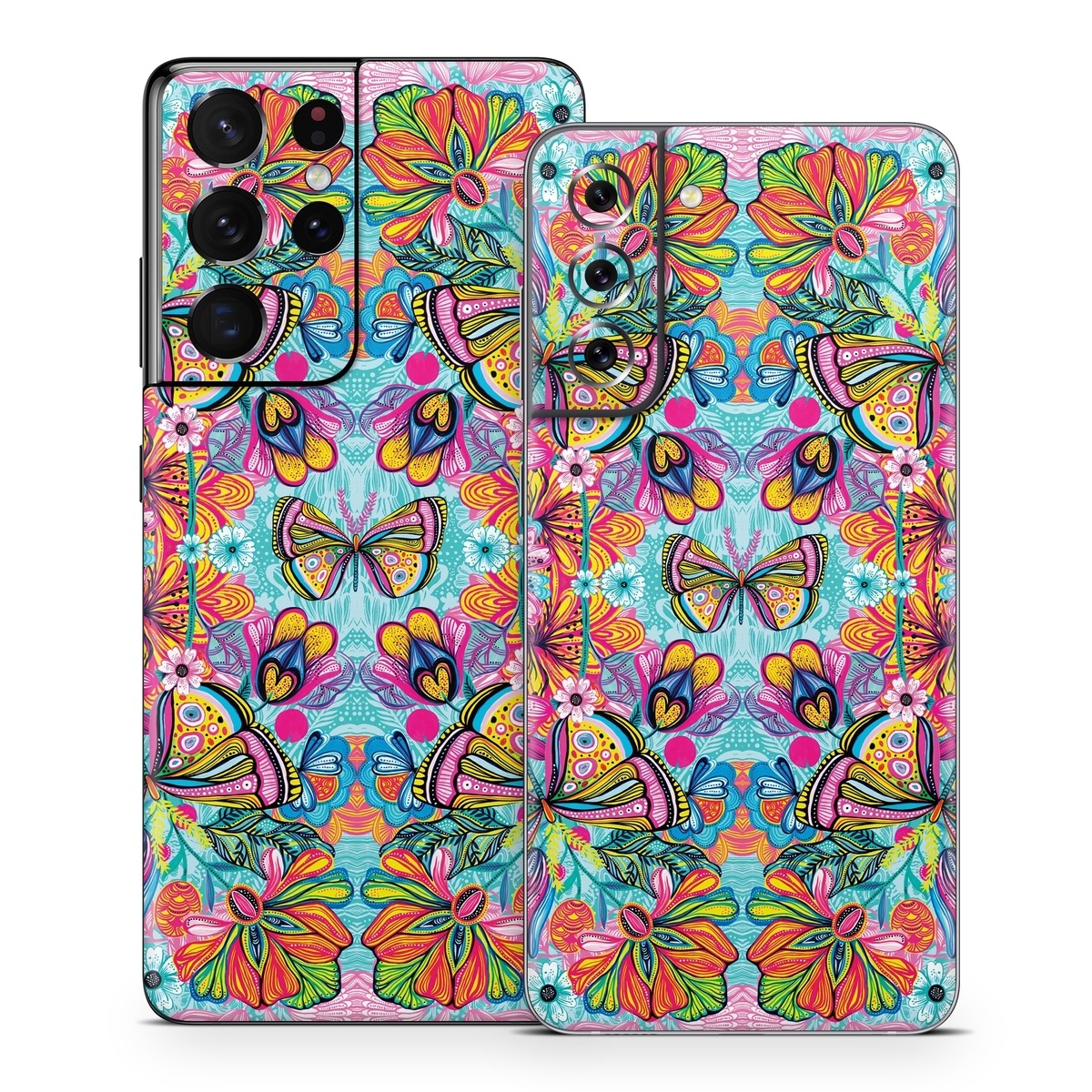 Samsung Galaxy S21 Series Skin design of Pattern, Design, Textile, Psychedelic art, Visual arts, Symmetry, Art, Motif, with blue, pink, green, yellow, orange, purple colors