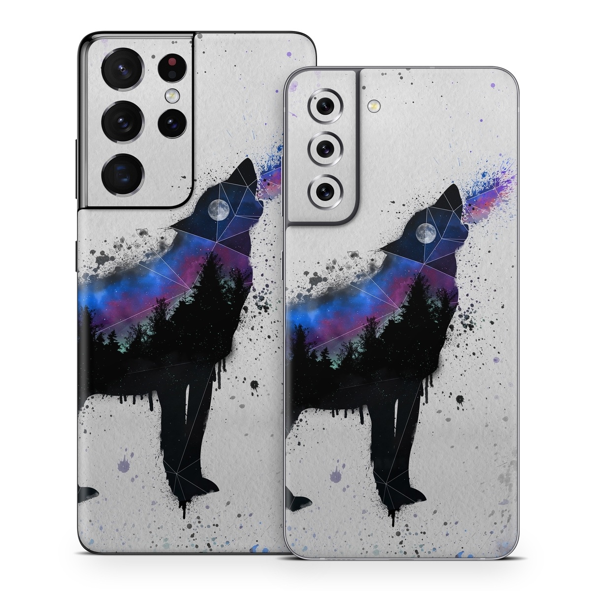 Samsung Galaxy S21 Series Skin design of Canidae, Art, Illustration, Watercolor paint, Dog, Graphic design, Street art, Acrylic paint, Painting, Visual arts, with gray, white, blue, black, green, purple colors