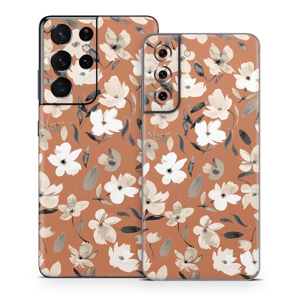Samsung Galaxy S21 Series Skin design of Flower, Plant, Textile, Botany, Petal, Gesture, Line, Font, Groundcover, Art, with brown, white, gray, black colors
